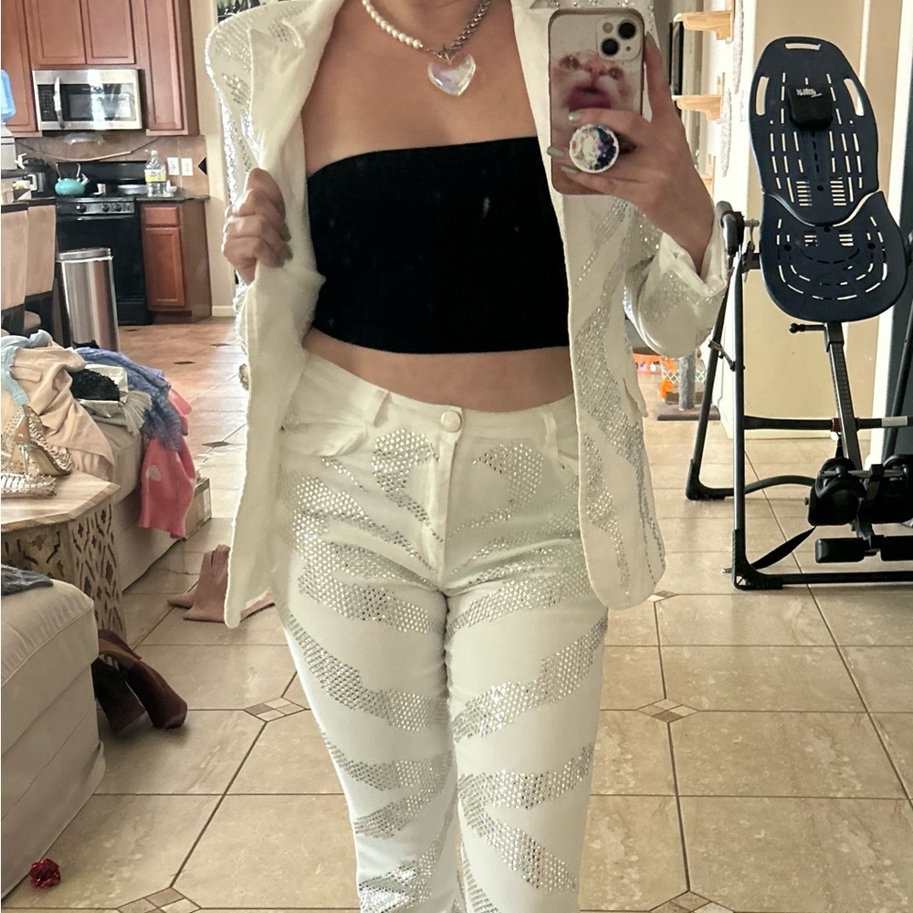 Rhinestone two piece white suit